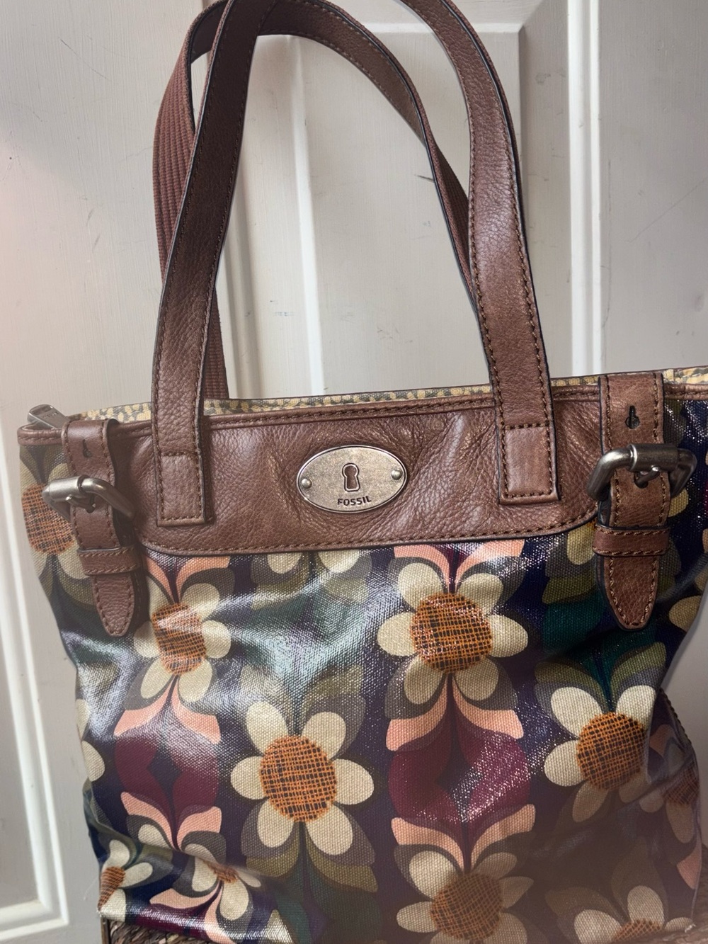 Fossil Key-Per Coated Canvas Floral Tote Bag - Brown